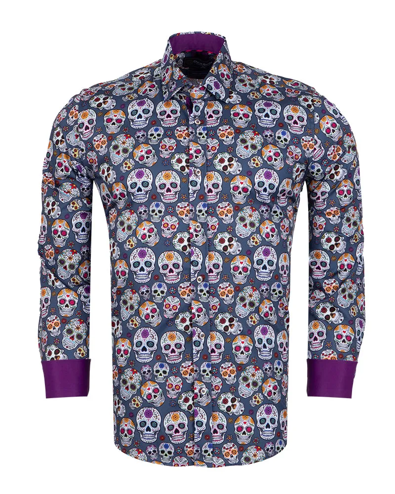 Blue day of the dead Skull Print Shirt with Matching Handkerchief