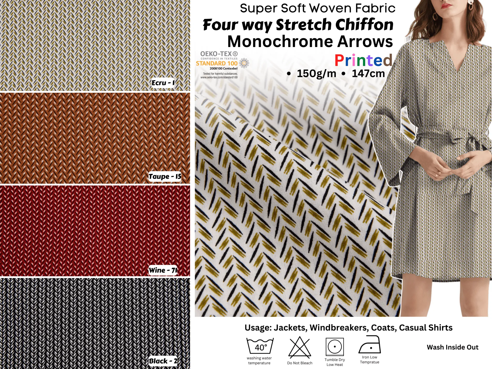 Four way Stretch Chiffon Monochrome Arrows Printed