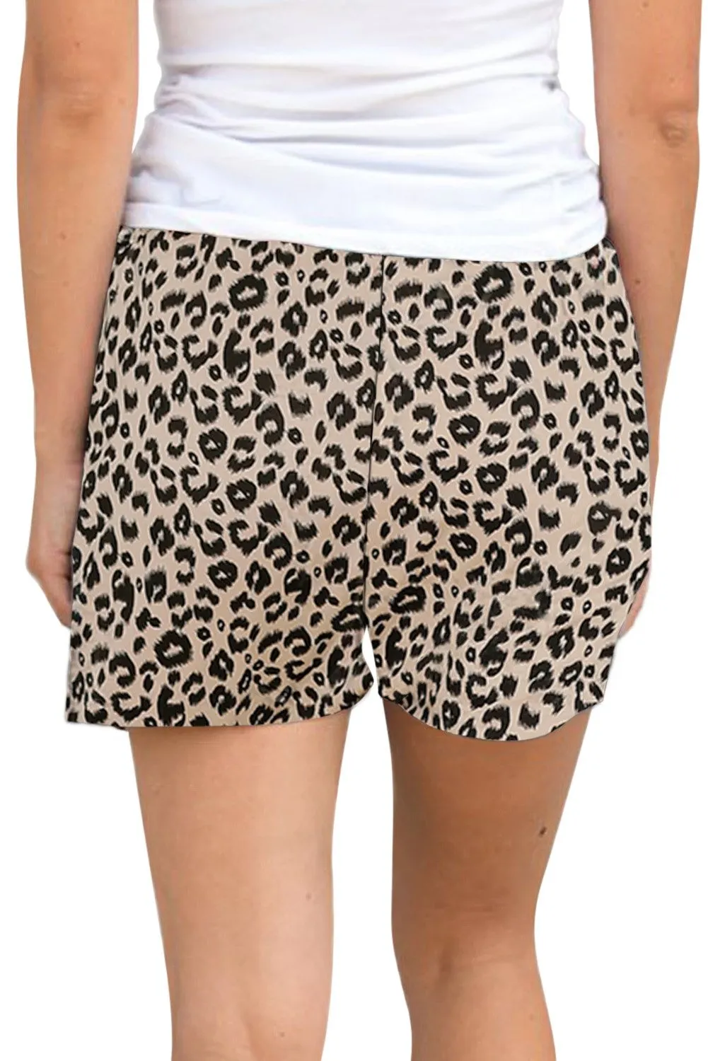 Khaki Leopard Print Drawstring Waist Summer Casual Shorts