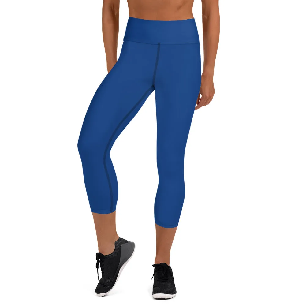 Navy Blue Yoga Capri Leggings, Solid Blue Color Women's Gym Workout Tights-Made in USA/EU/MX