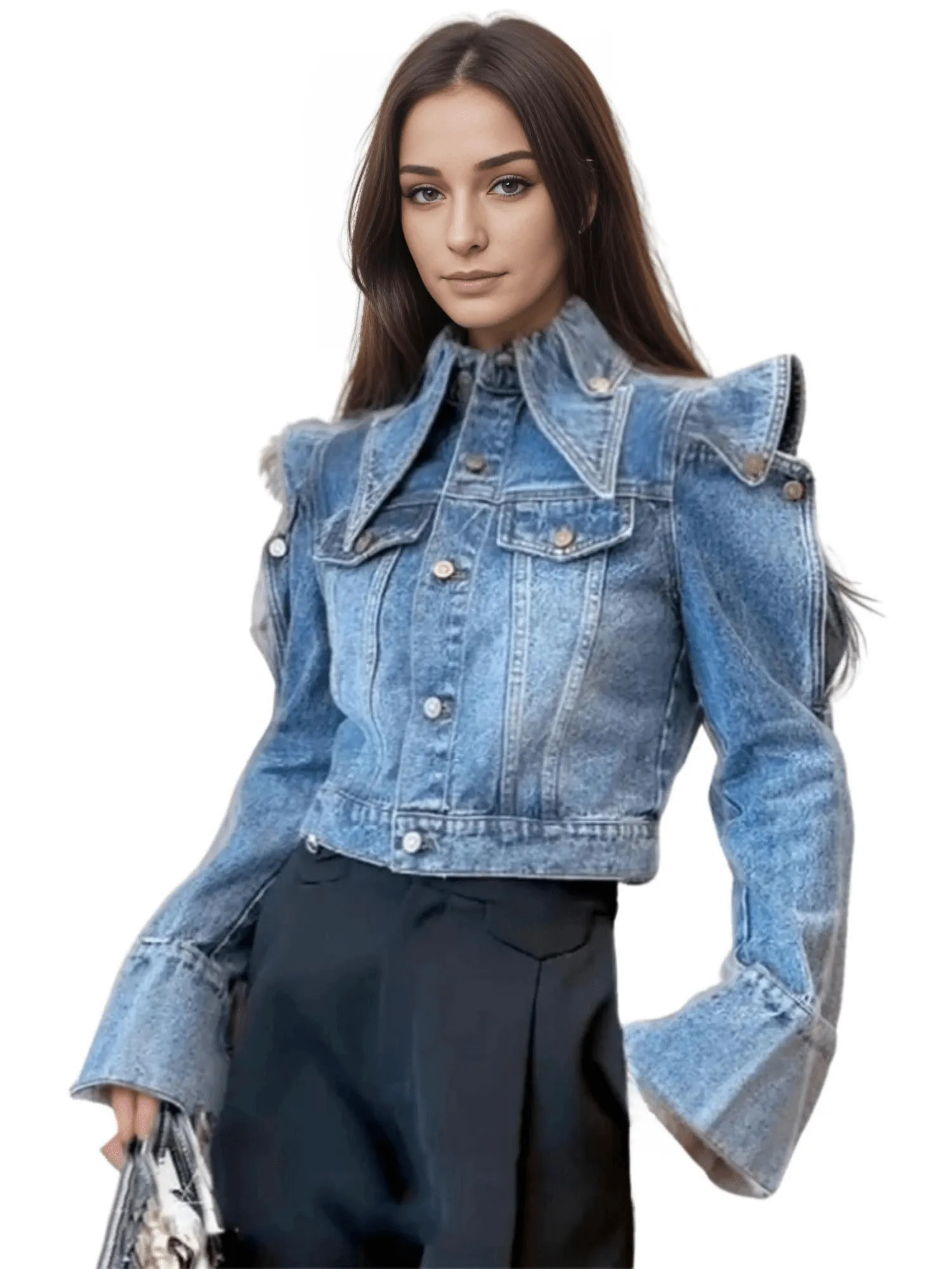 New Trendy Women's Ruffled Edge Shoulder Denim Jacket Autumn Fashion Lapel Long Sleeve Jacket Female