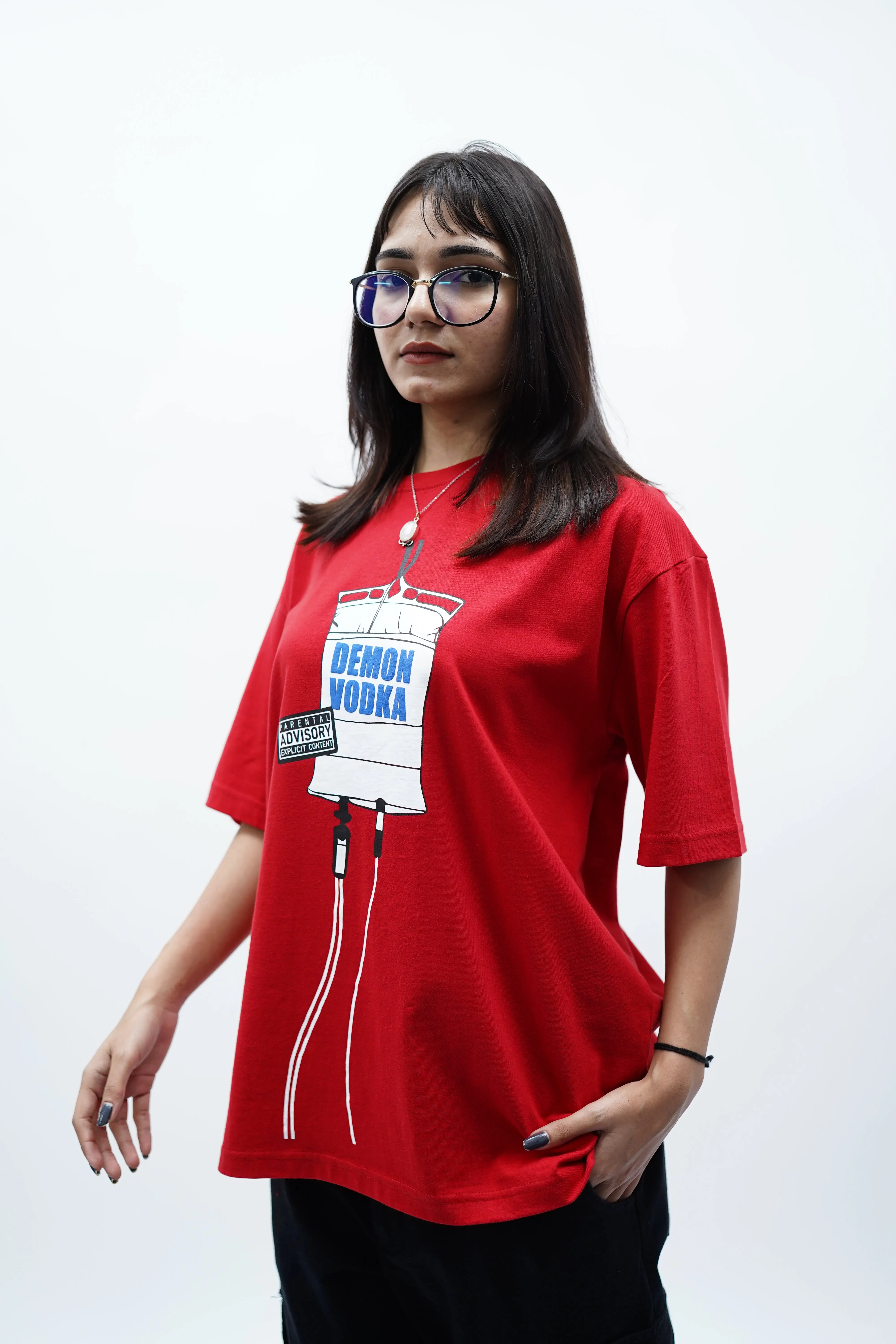 "Demon Vodka" Oversized Puff Print Red T-Shirt By DemonWear for Her