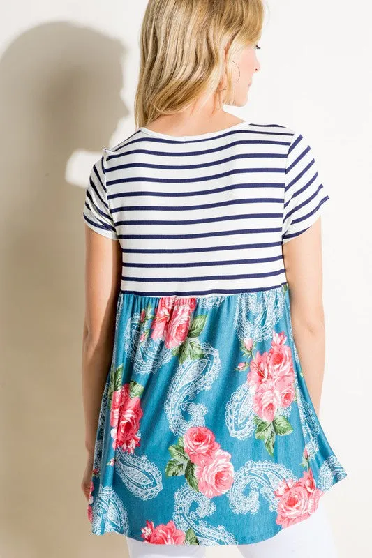 Stripe Paisley Floral Babydoll Top