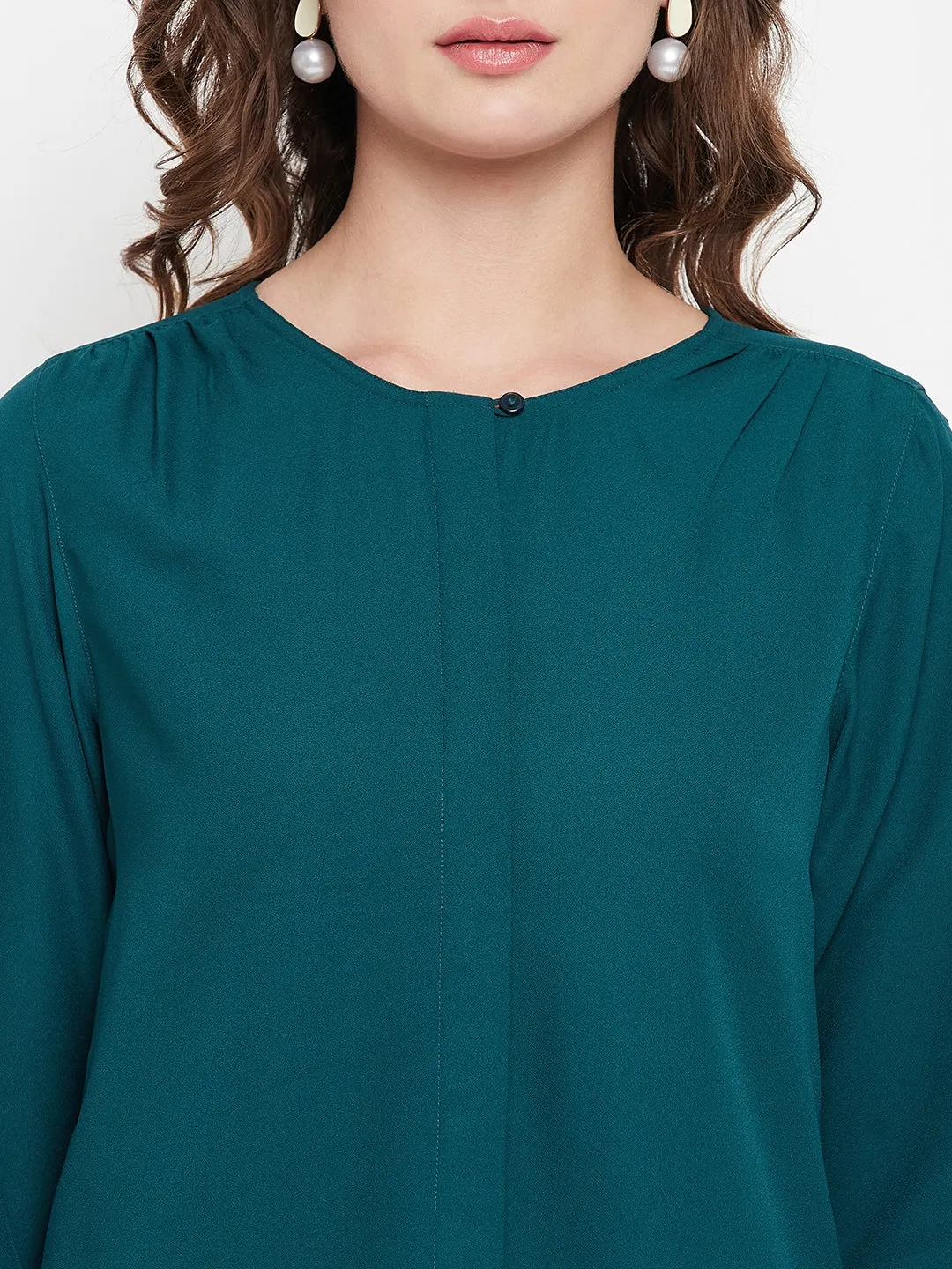 Women's Casual  Teal Blue Solid Round neck Top